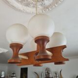 1960s Scandinavian chandelier, teak and white opaline.
