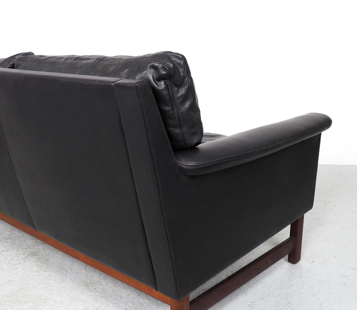 Danish design black leather and teak 3 seater sofa, 1960s