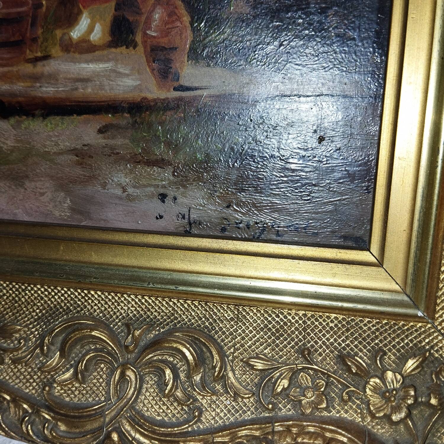 Old painting village scene