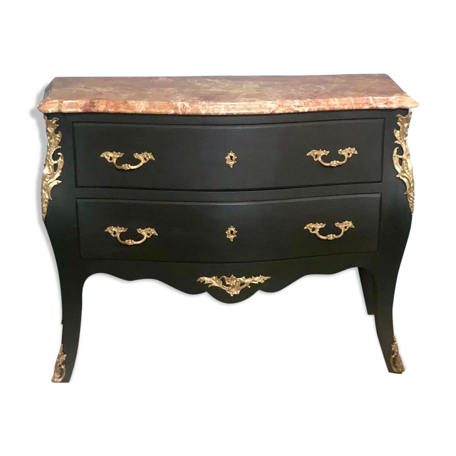 Louis XV style curved black matte commode with gilded bronze ornamentation from the 1950s.