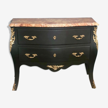 Louis XV style chest of drawers curved matte black and 1950s gold bronze ornament