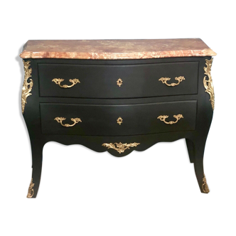 Louis XV style chest of drawers curved matte black and 1950s gold bronze ornament