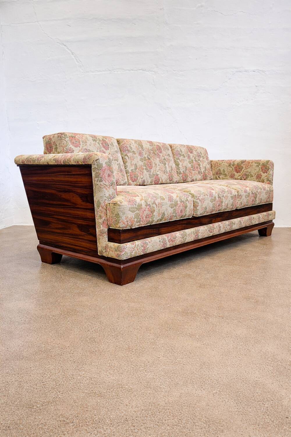 Macassar veneer Art Deco sofa with floral fabric, Austria, 1930s.