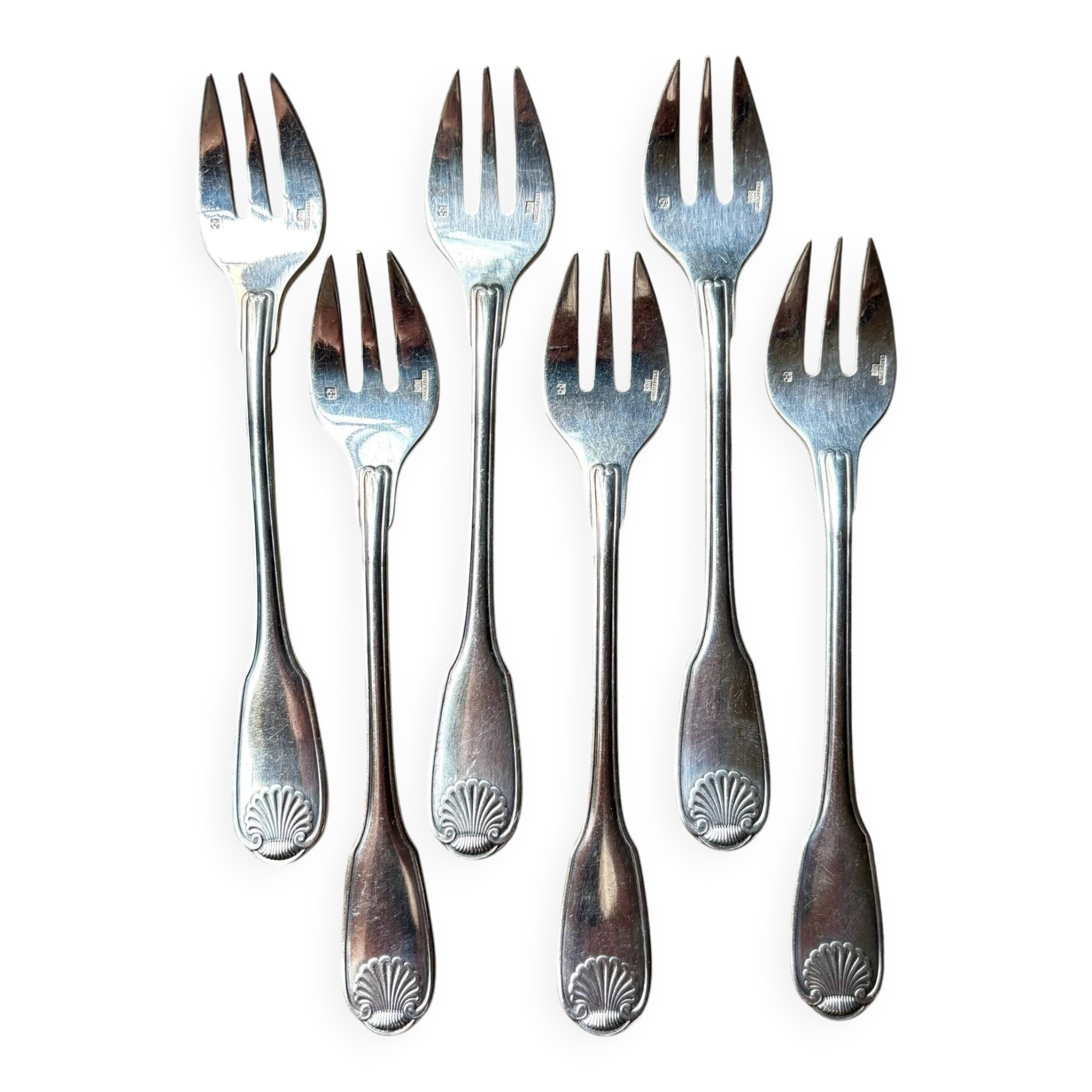 6 Christofle silver-plated oyster forks, shell design.