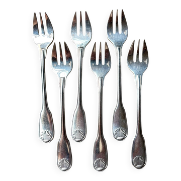 6 Christofle silver-plated oyster forks, shell design.