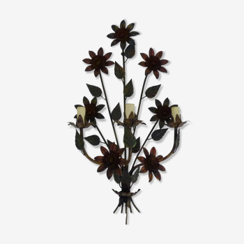 Painted metal wall lamp with sheaf of flowers decoration 67 cm - 26.37 ". year 70