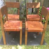 Series of 4 vintage chairs with elm base and brown leather seats in the Pierre Chapo way.