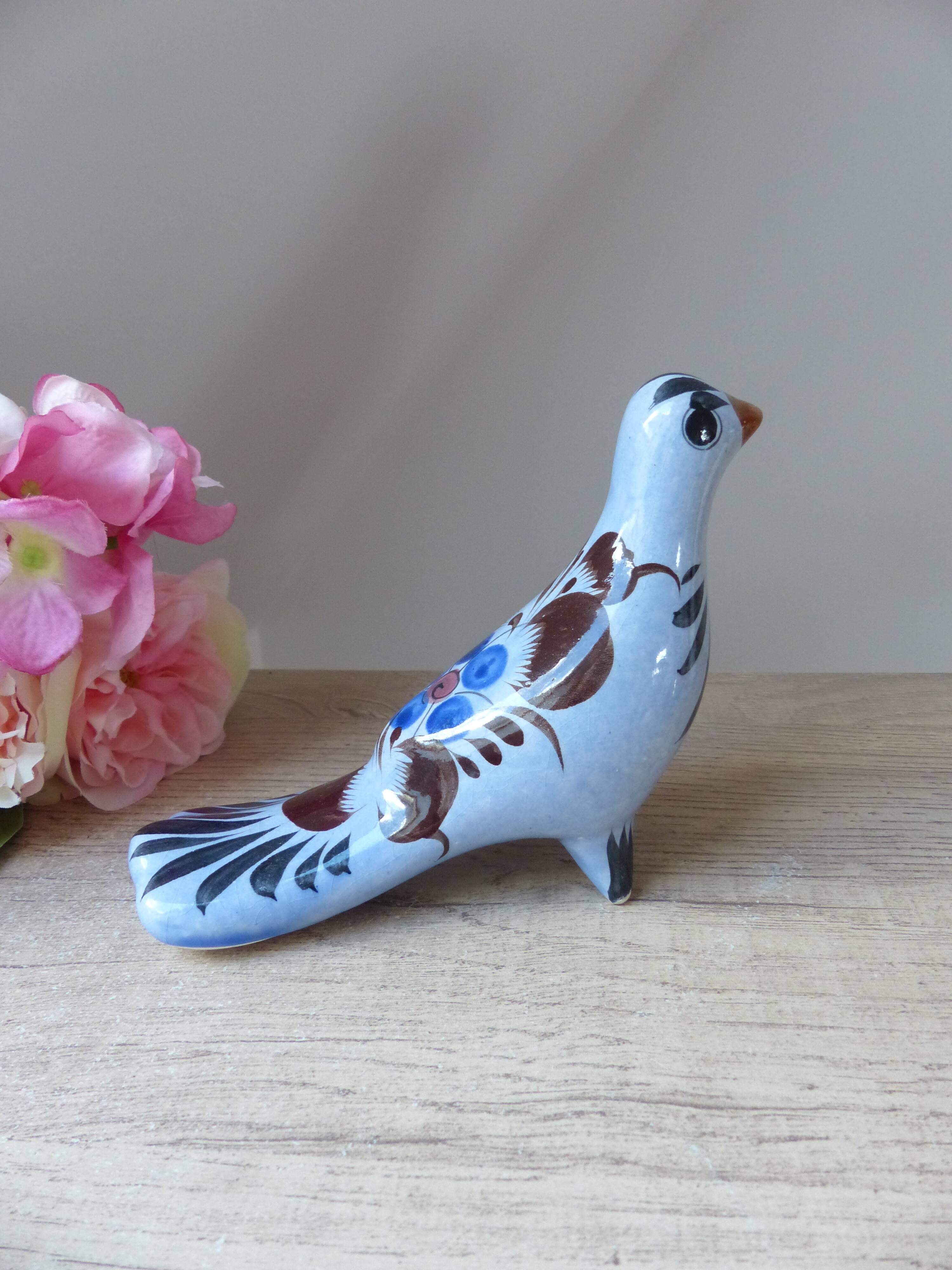 Bird figurine, large Tonala pottery dove with floral pattern Mexico vintage decoration