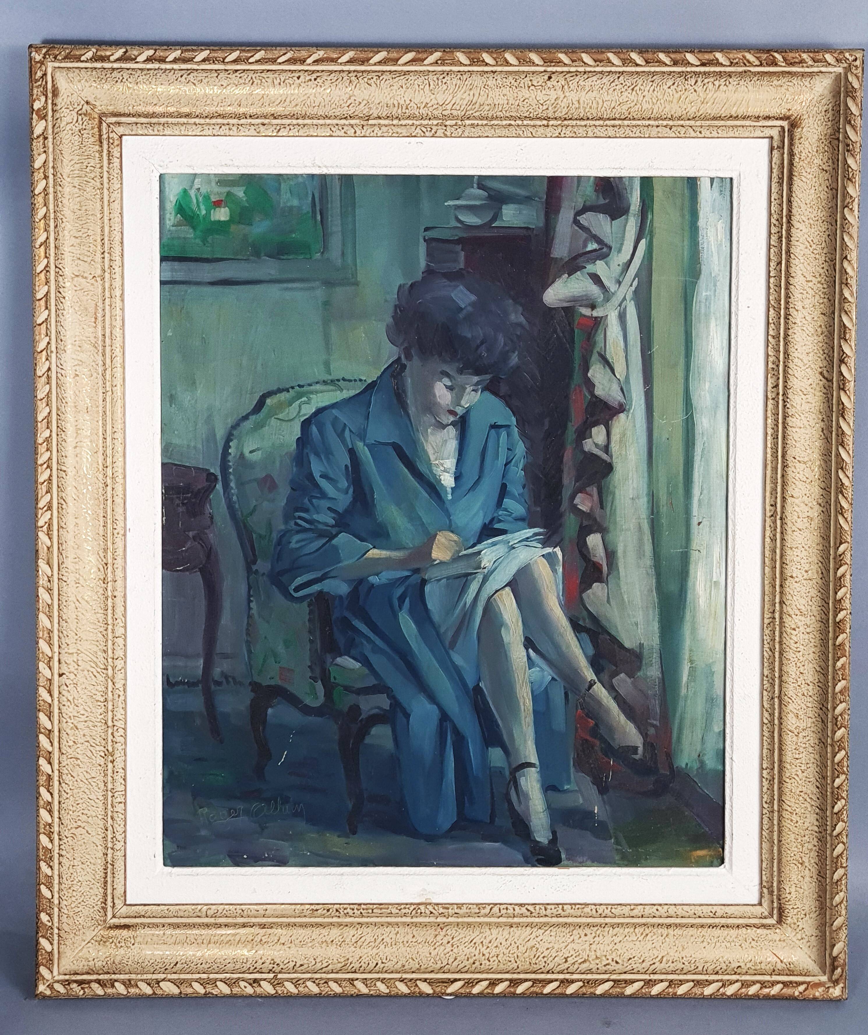 Oil on panel Young woman reading Signed Roger Alluin dated 28/2/38