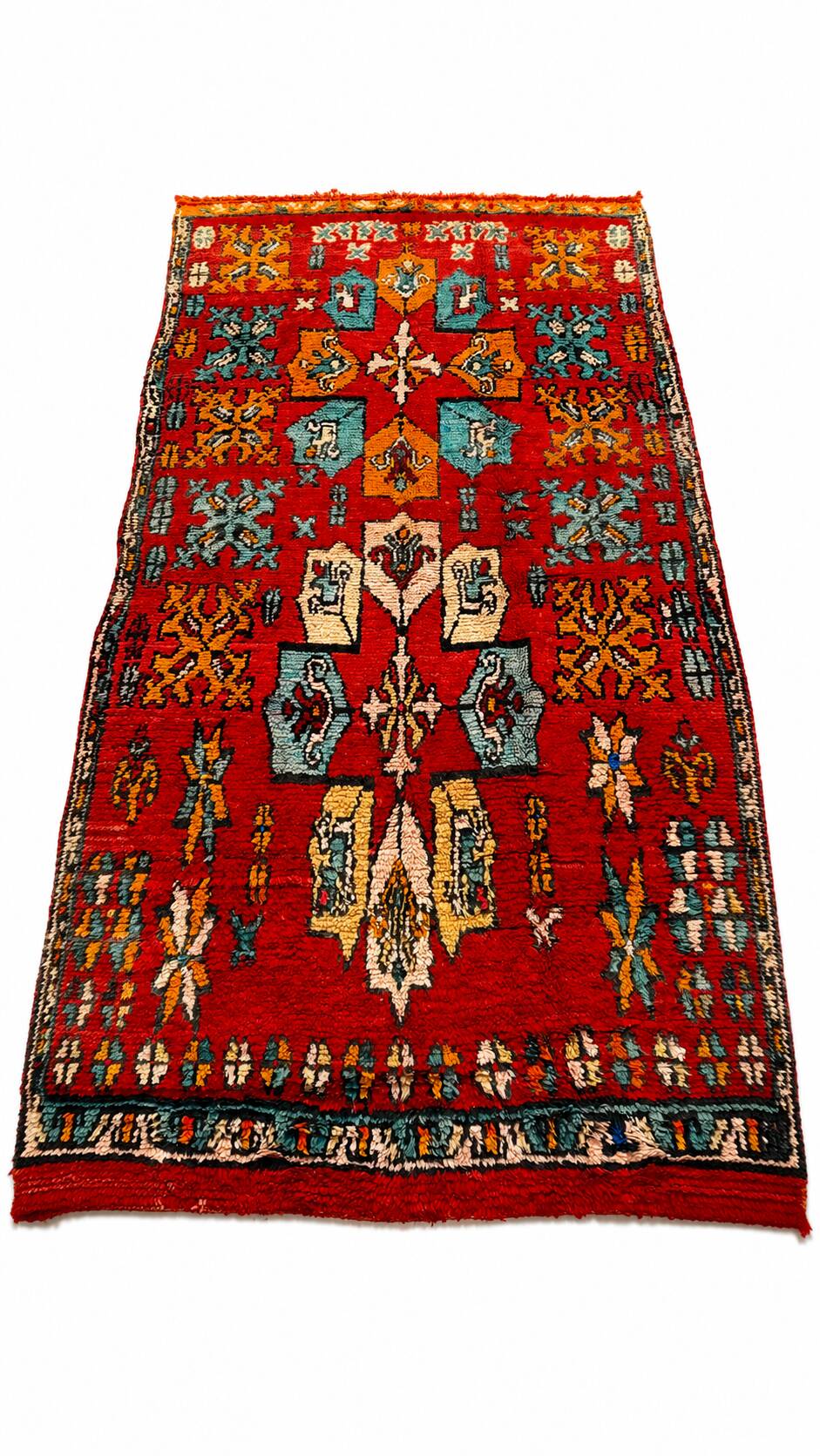 Vintage red Berber rug with multicoloured patterns - 145 x 300 cm