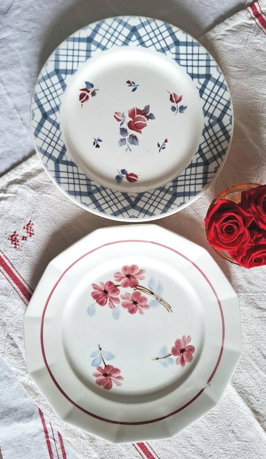 Mismatched antique earthenware dinner plates