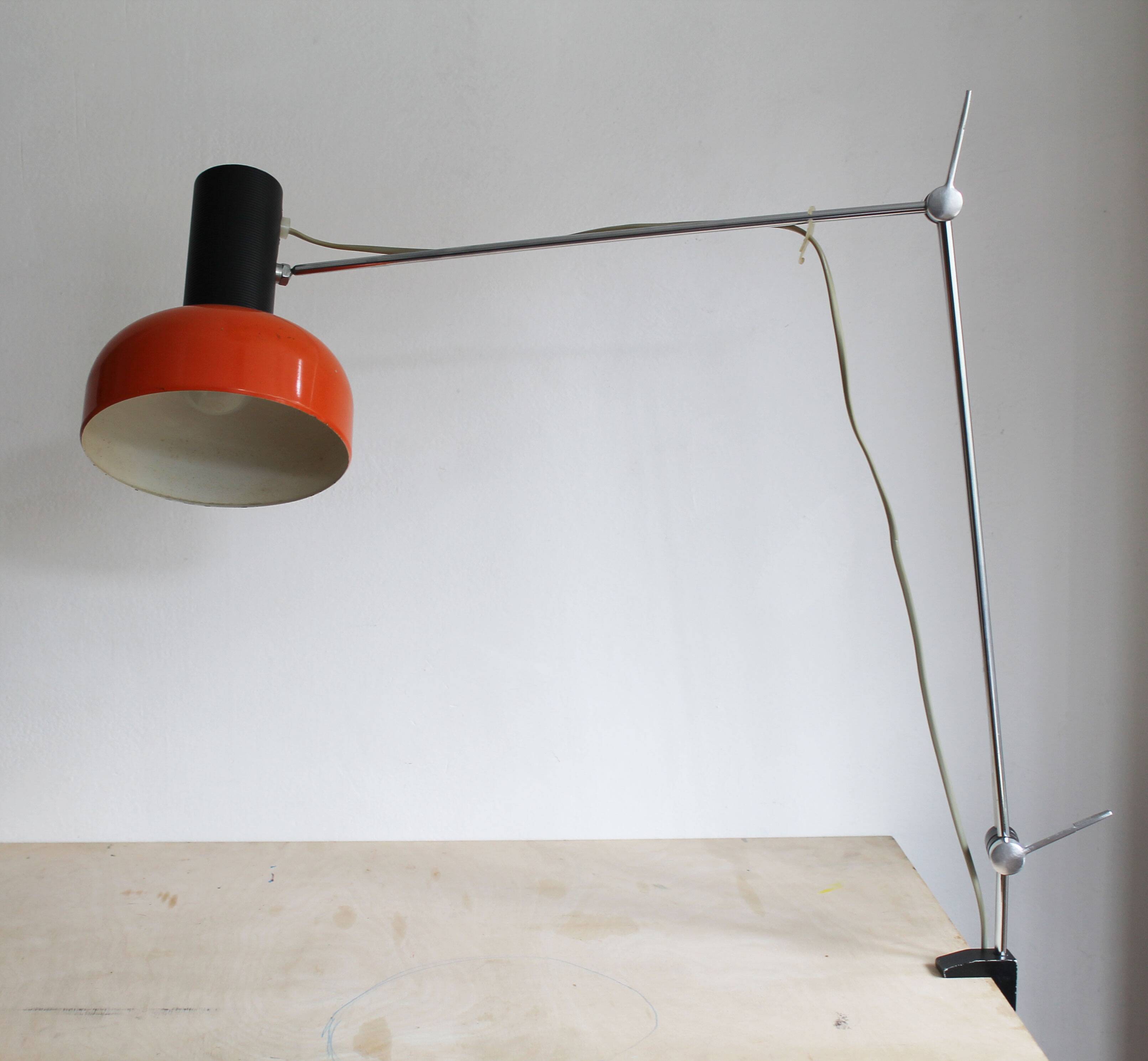 1970s Czechoslovak Orange Clamp Lamp by NAPAKO
