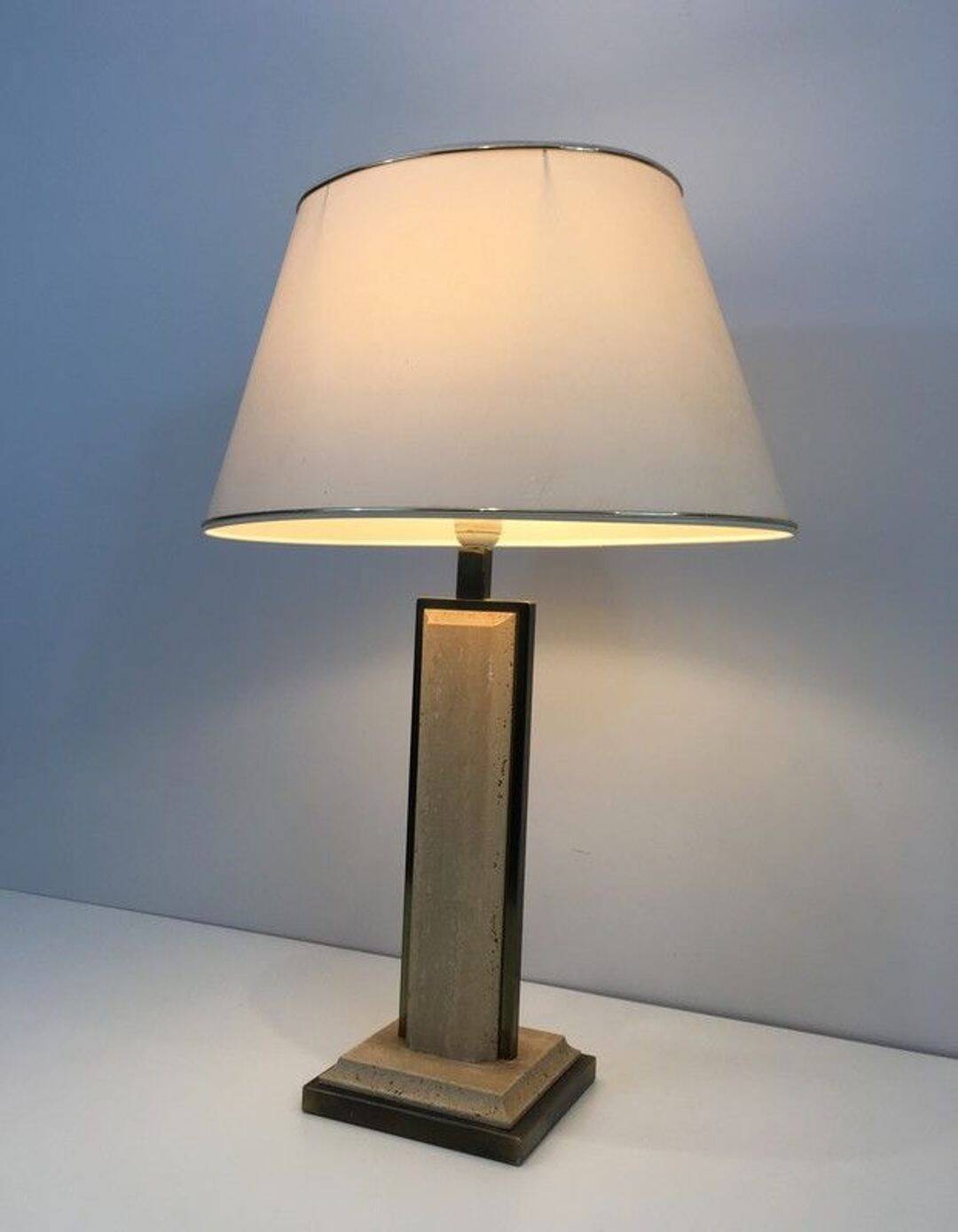 Table Lamp in Travertine and Gold Chrome, French Work, circa 1970