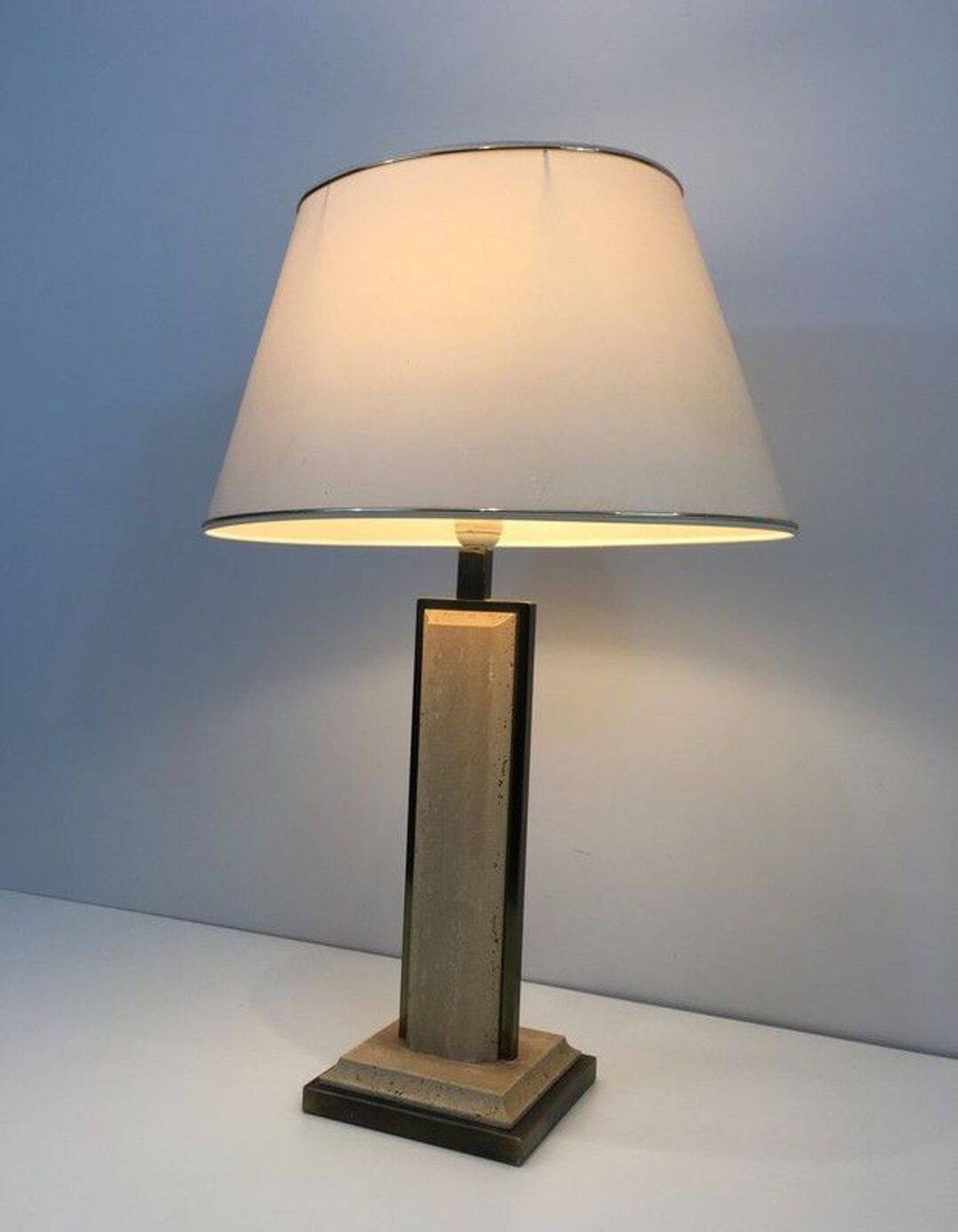 Table Lamp in Travertine and Gold Chrome, French Work, circa 1970