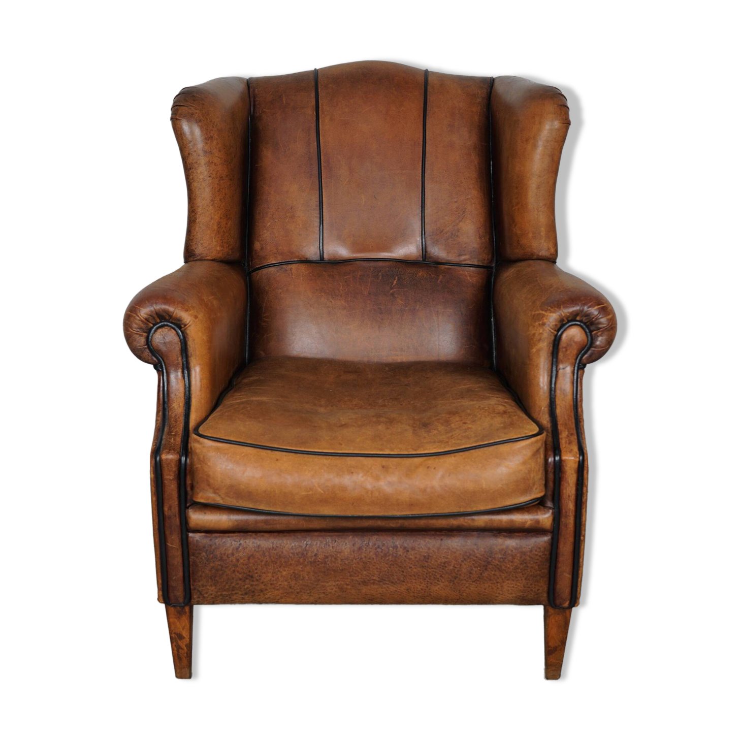 Fauteuil hollandais vintage en cuir cognac