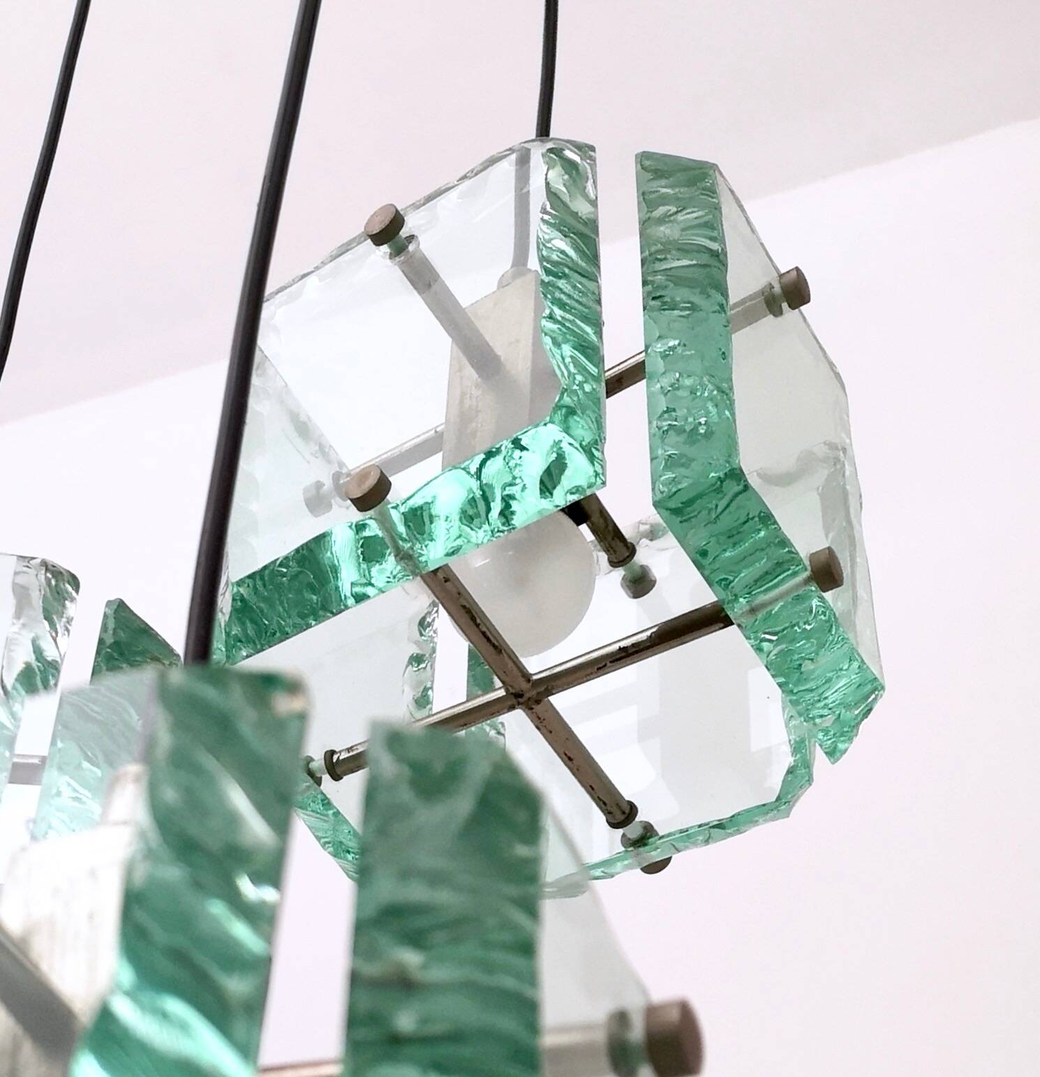 Vintage Three-Light Nile Green Glass Pendant Light by Zero Quattro, Italy