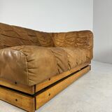 Mid-century cognac leather lounge sofa in oak