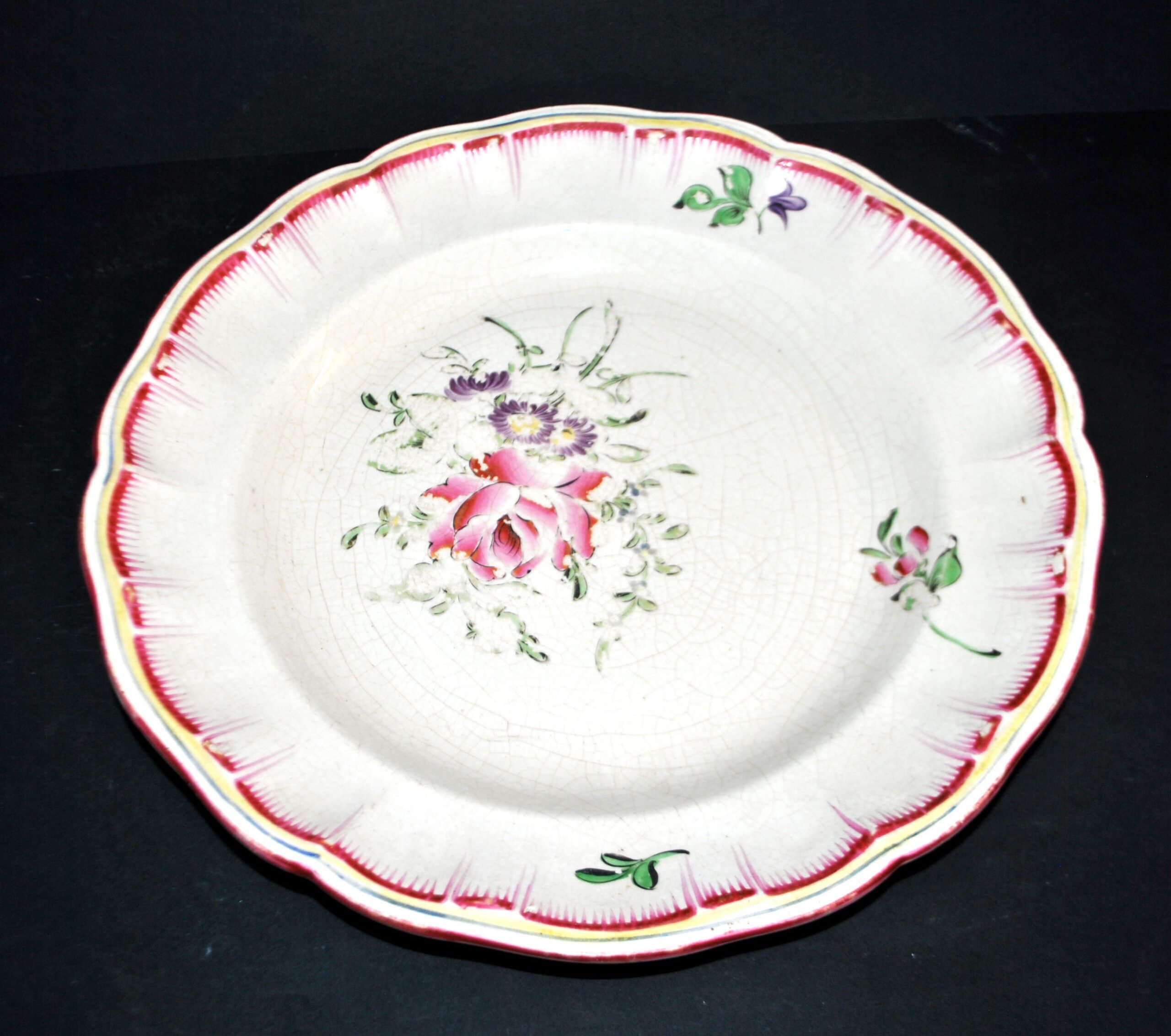 Flowered plate decoration street lamp old Strasbourg in faience signed KG Lunéville