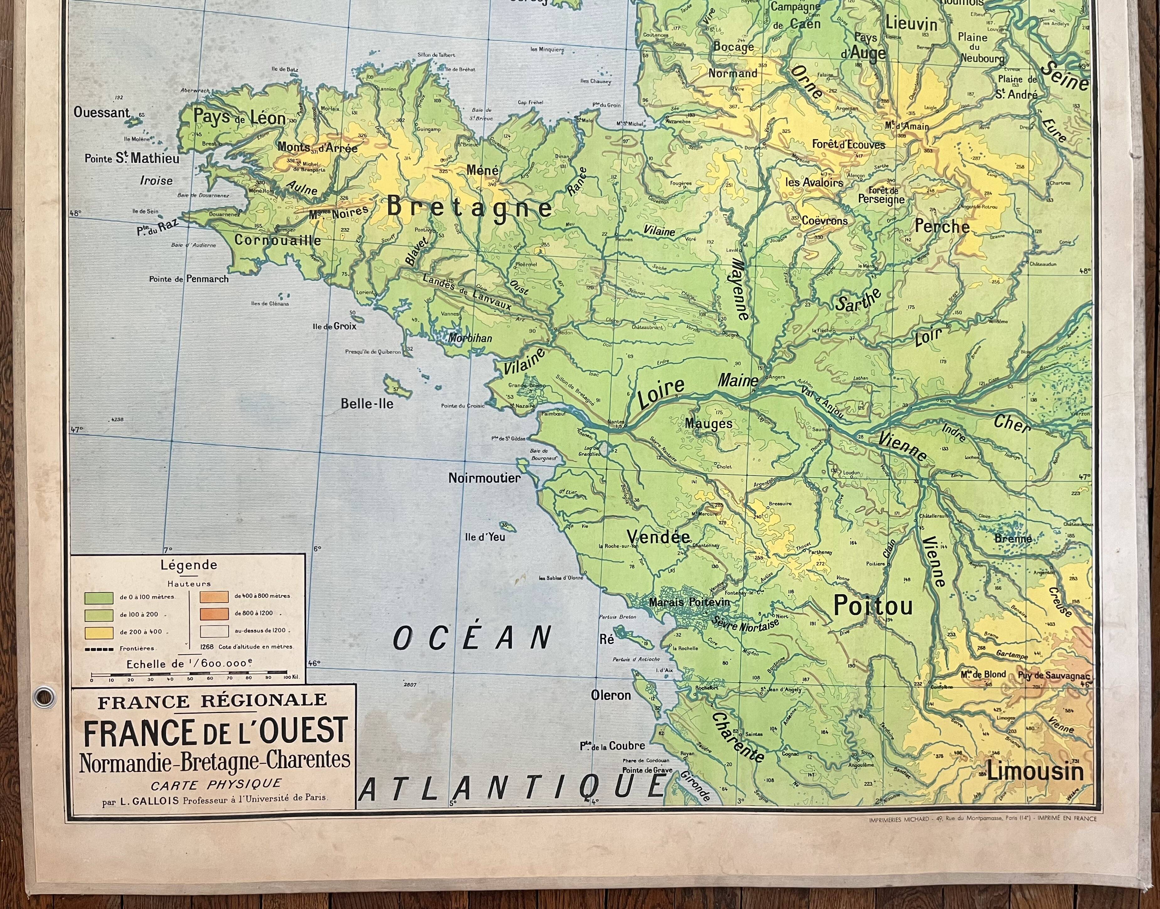🌍Old school map Vidal-Lablache 60, 1940 - West France, Brittany