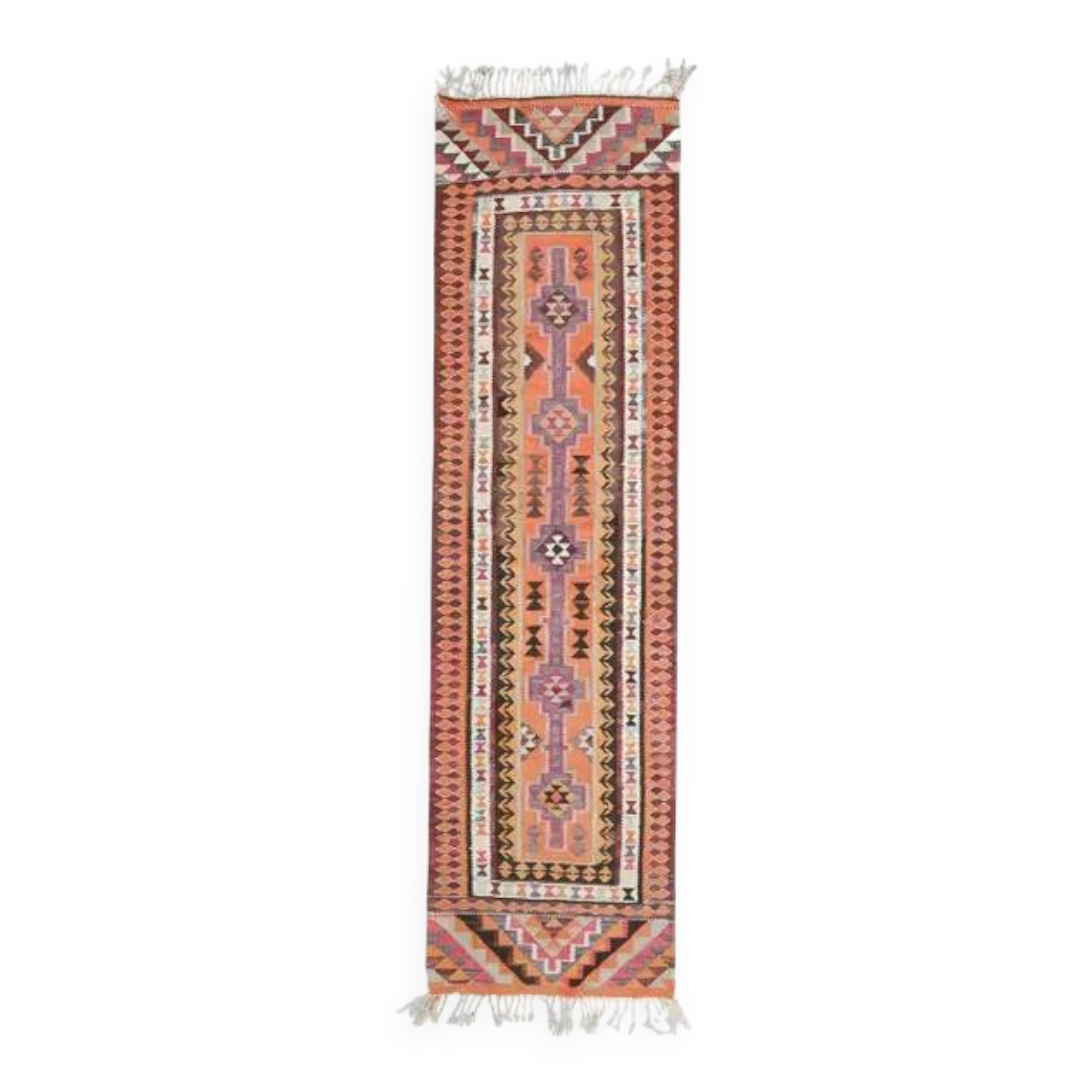 1970s Vintage Turkish Hand-Knotted Wool Cotton Orange Runner Rug 86x326