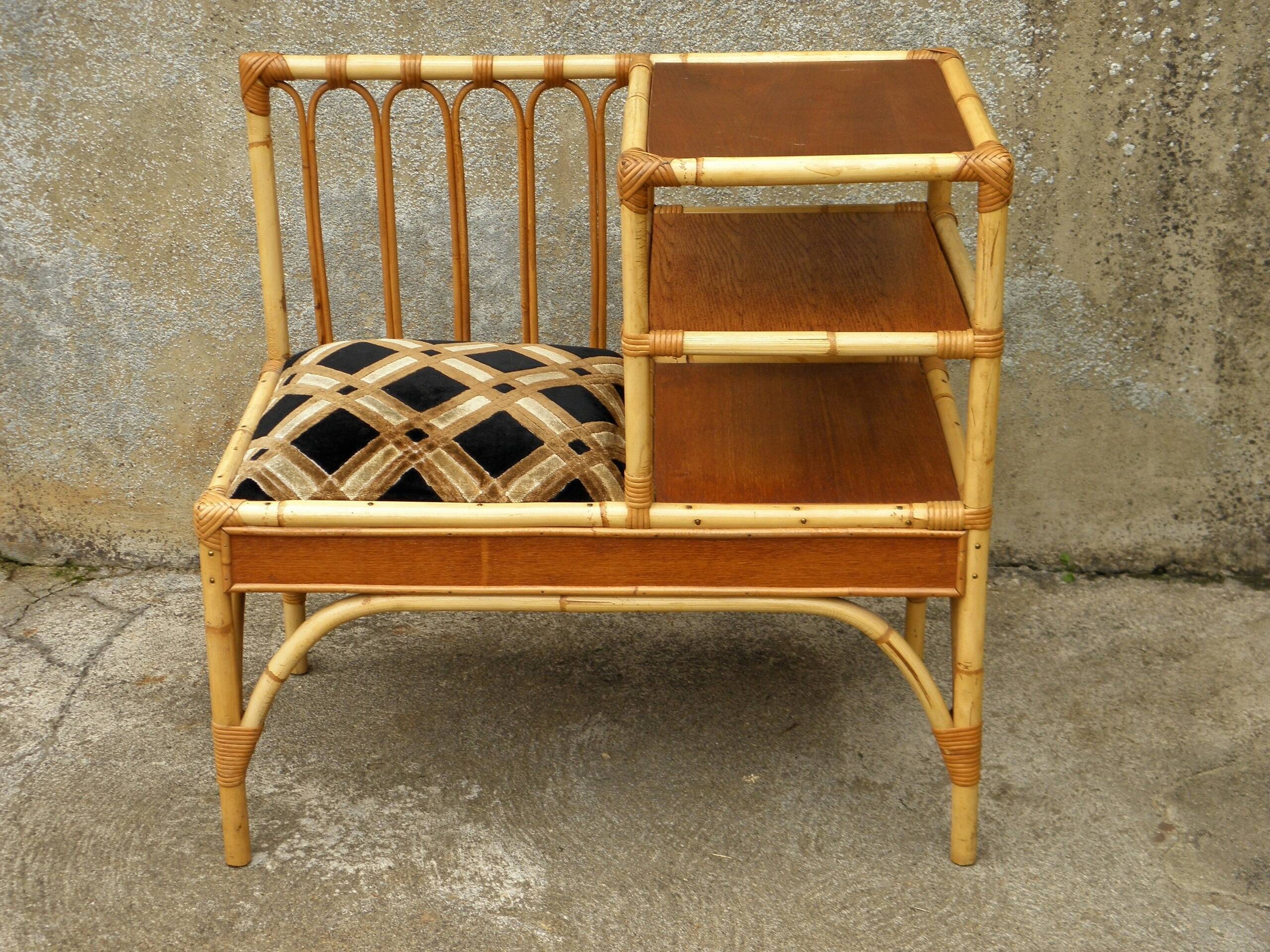70s rattan telephone bench