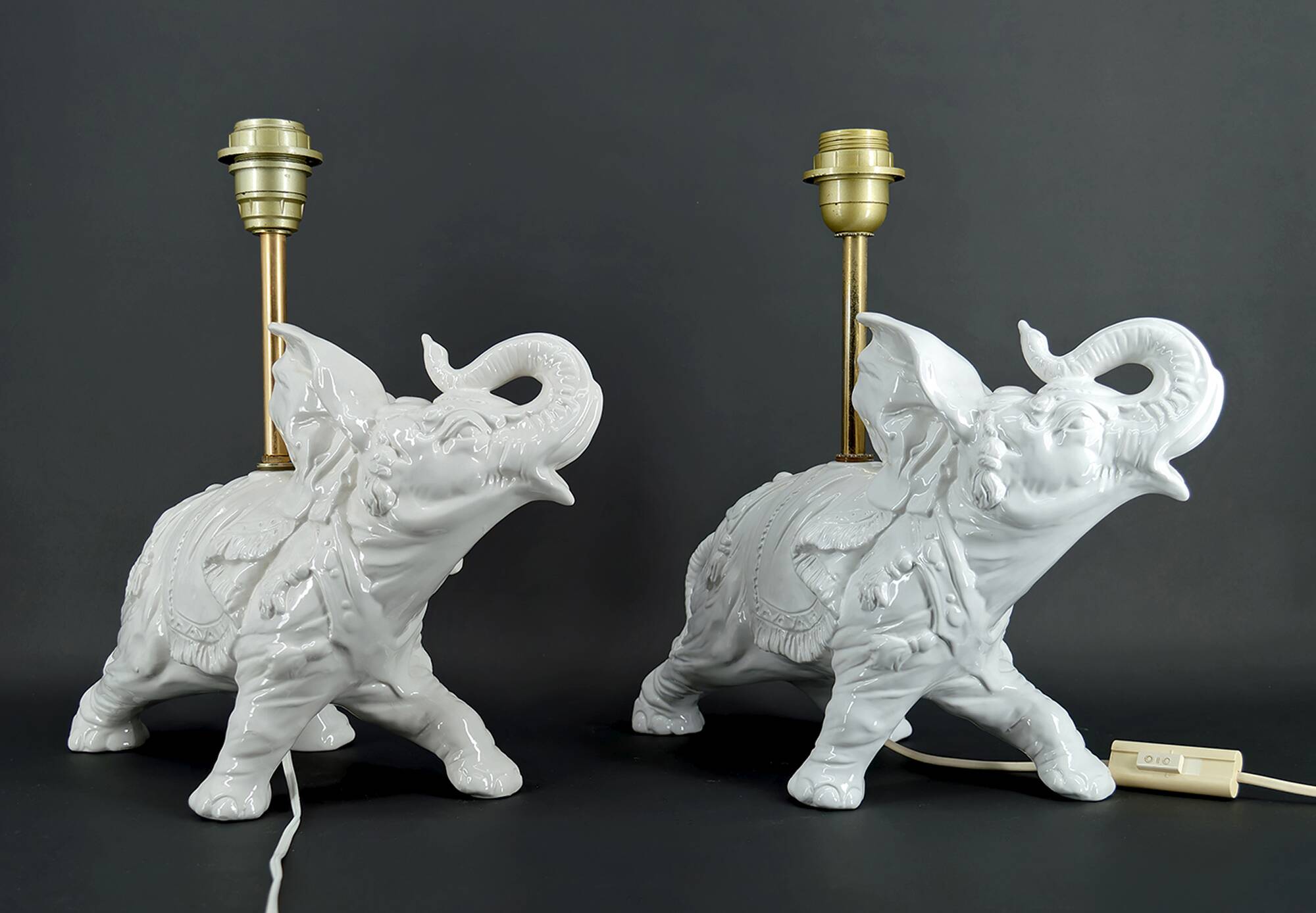 Pair of White Ceramic Sculptural Lamps, Elephants, Italy, 1970