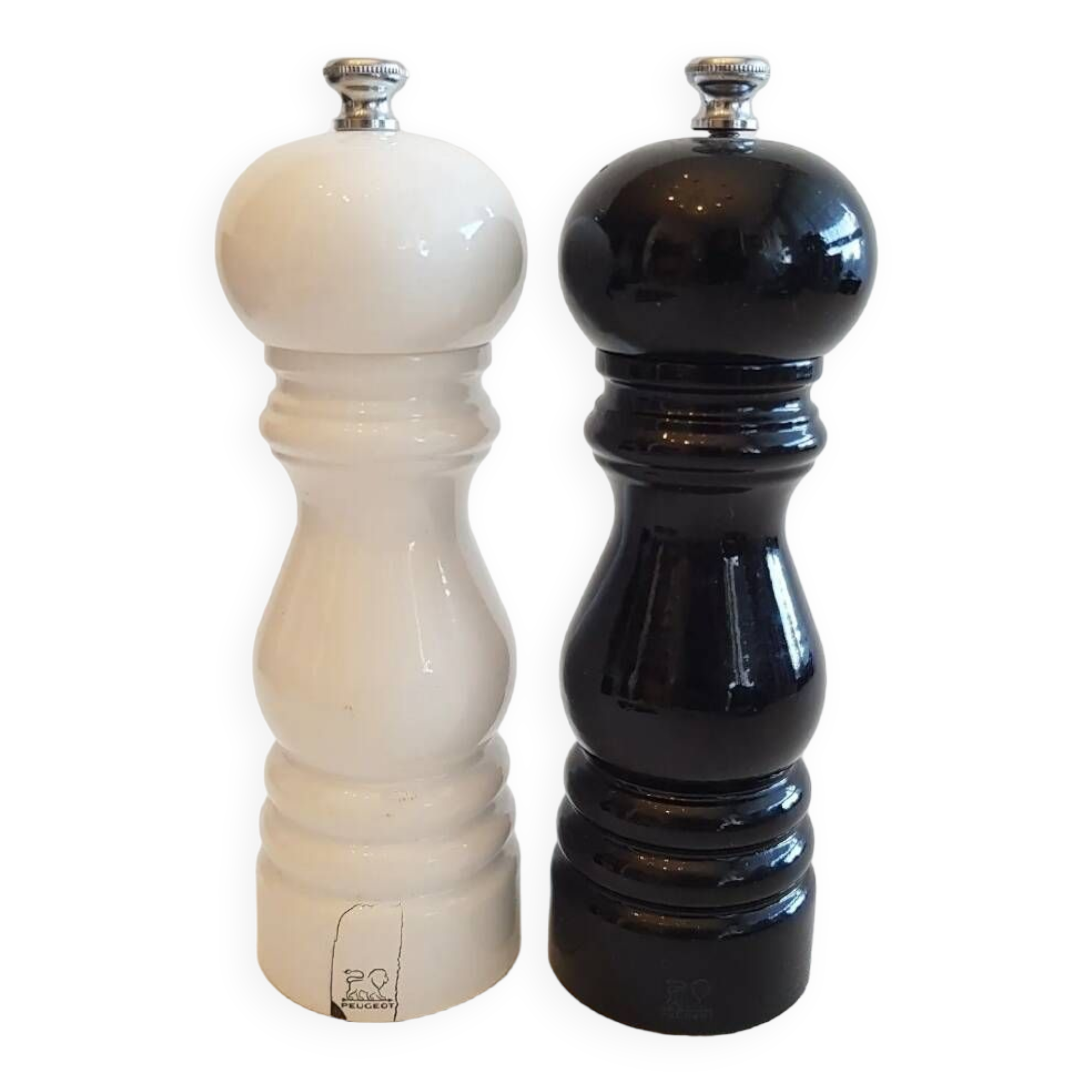 Peugeot salt and pepper mill set in black and white lacquered wood 18 cm