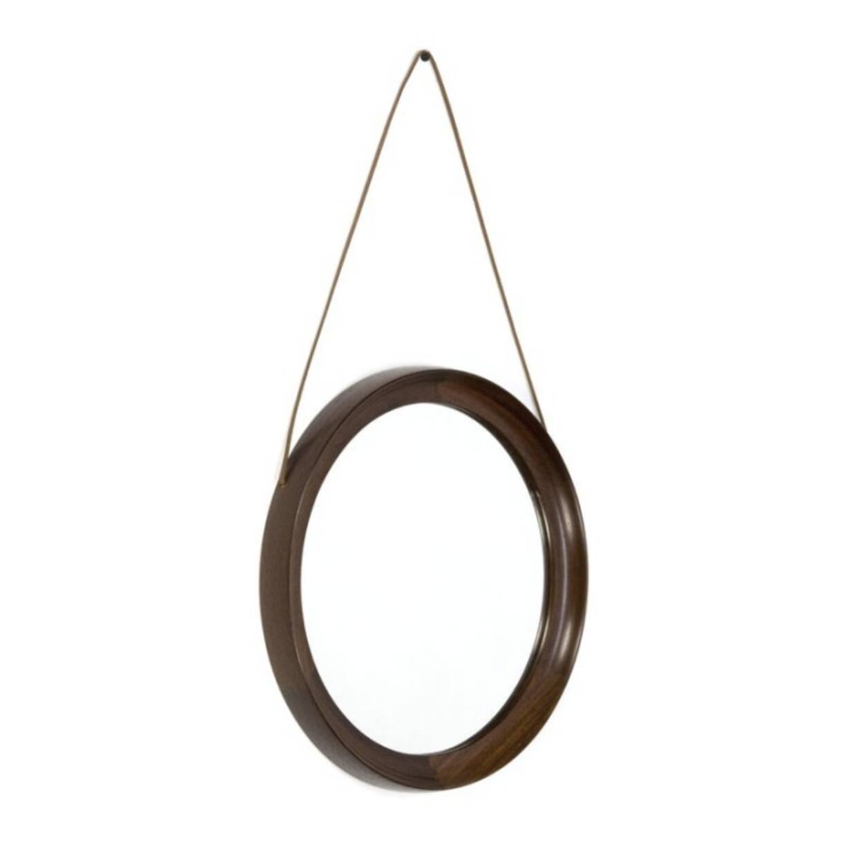 Miroir rond vintage scandinave en bois de wengé avec bracelet en cuir, design années 60