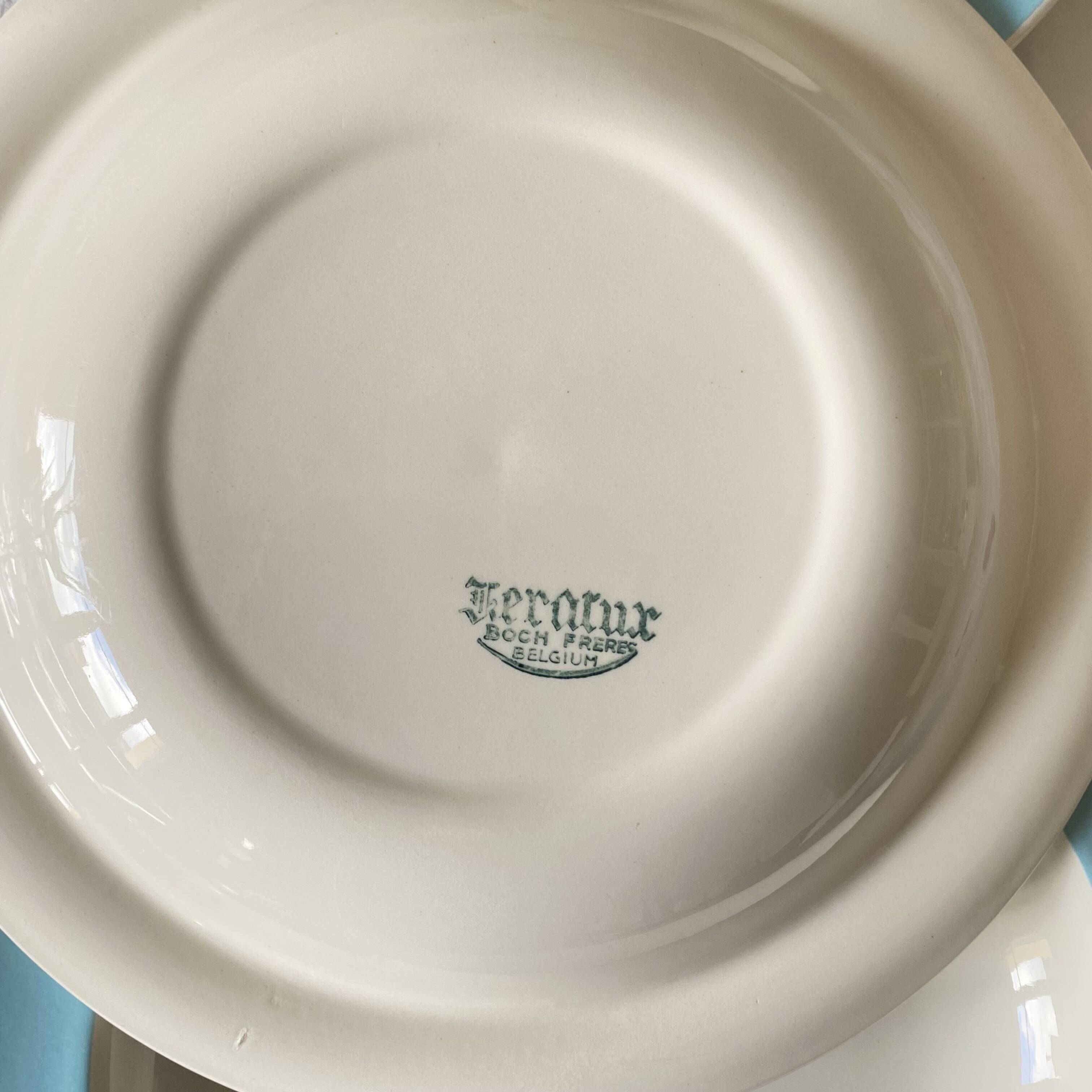 Set of 6 antique Boch et Frères Kéralux blue earthenware soup plates