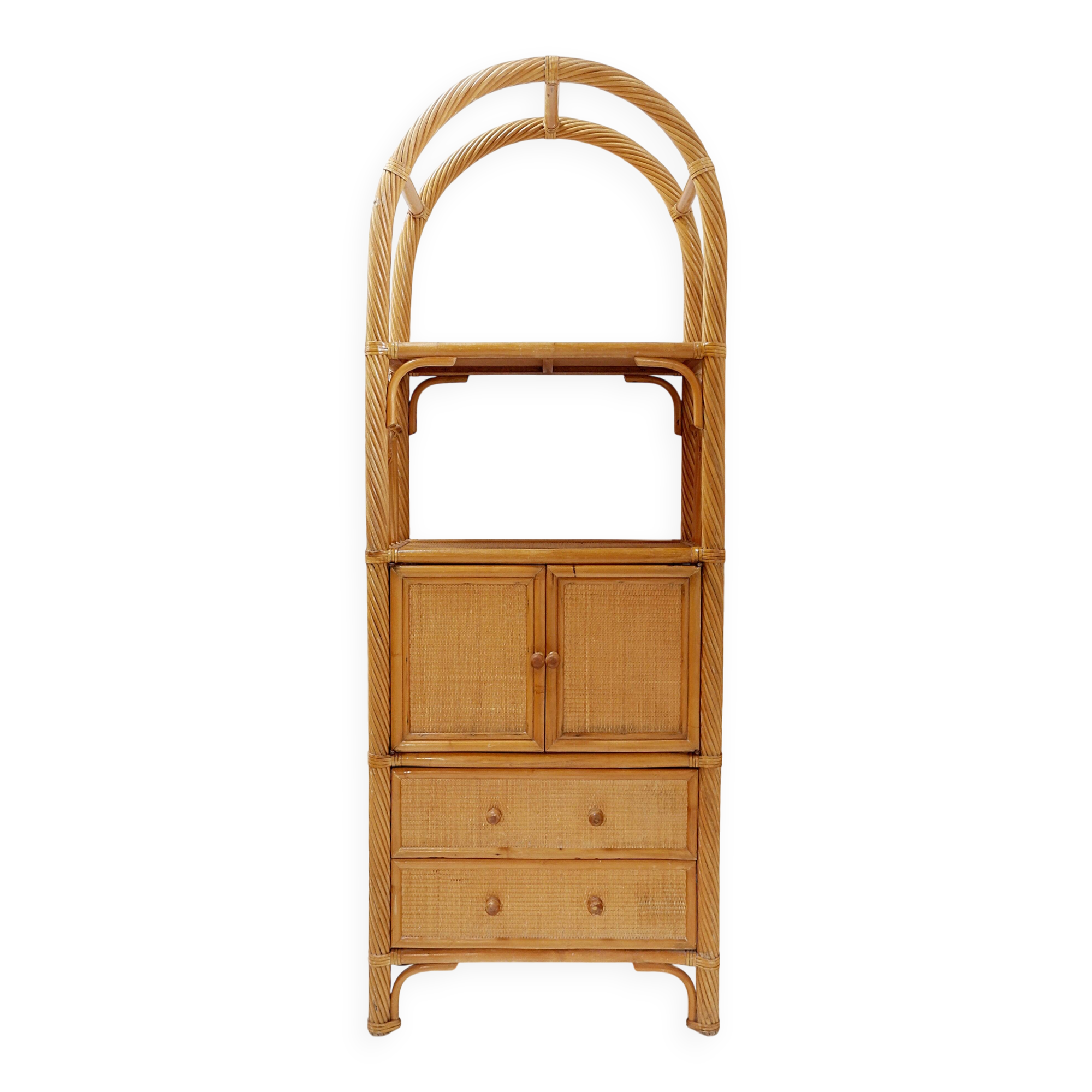 Vintage bamboo bookcase with drawers, 1980s