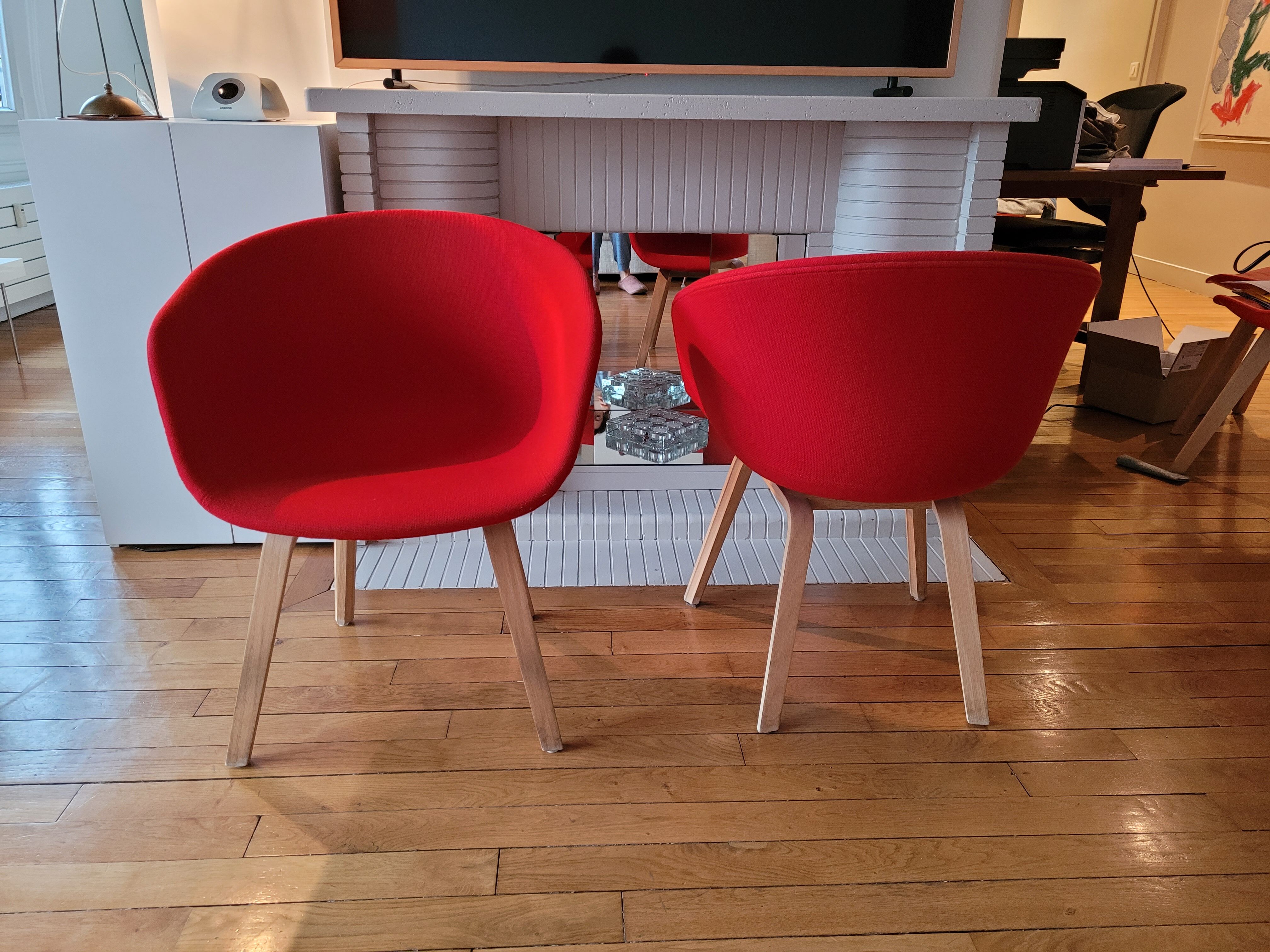 red canvas and wood armchair