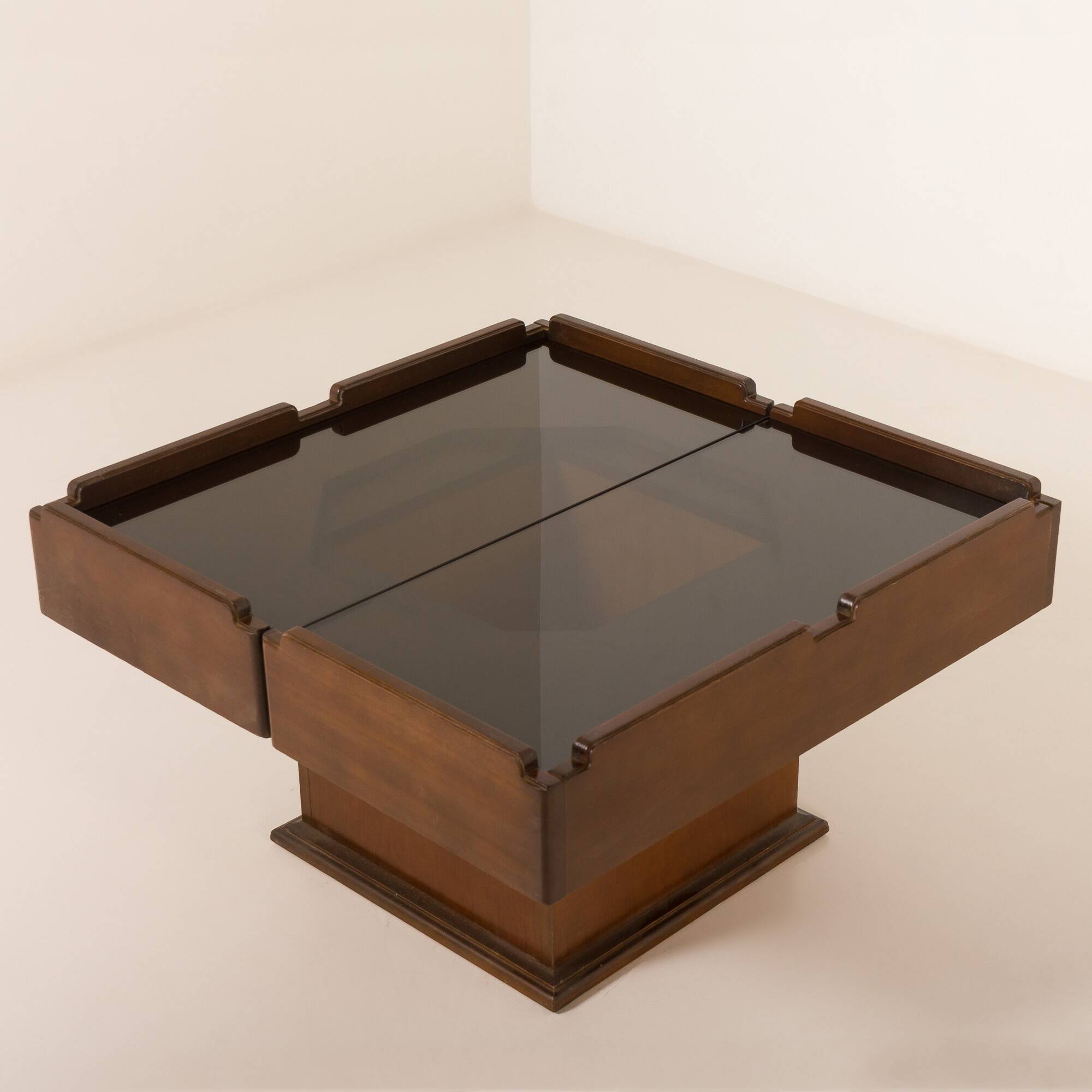 Italian vintage coffee table with bar compartment, walnut and glass, 1970s