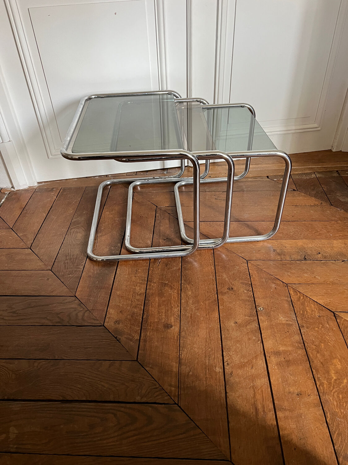 Nesting tables metal and smoked glass 70s