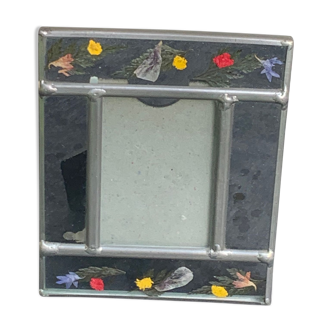 Frame for photography, glass and tin, stained glass assembly with dried flowers inside
