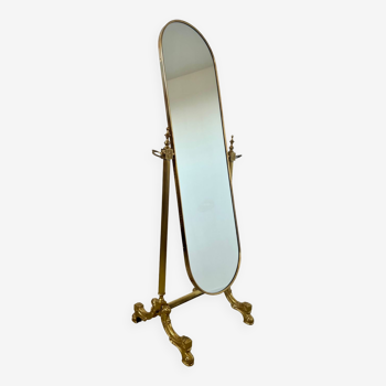 Ancien miroir sur pied en laiton doré de style néoclassique psychédélique Annees 40 France