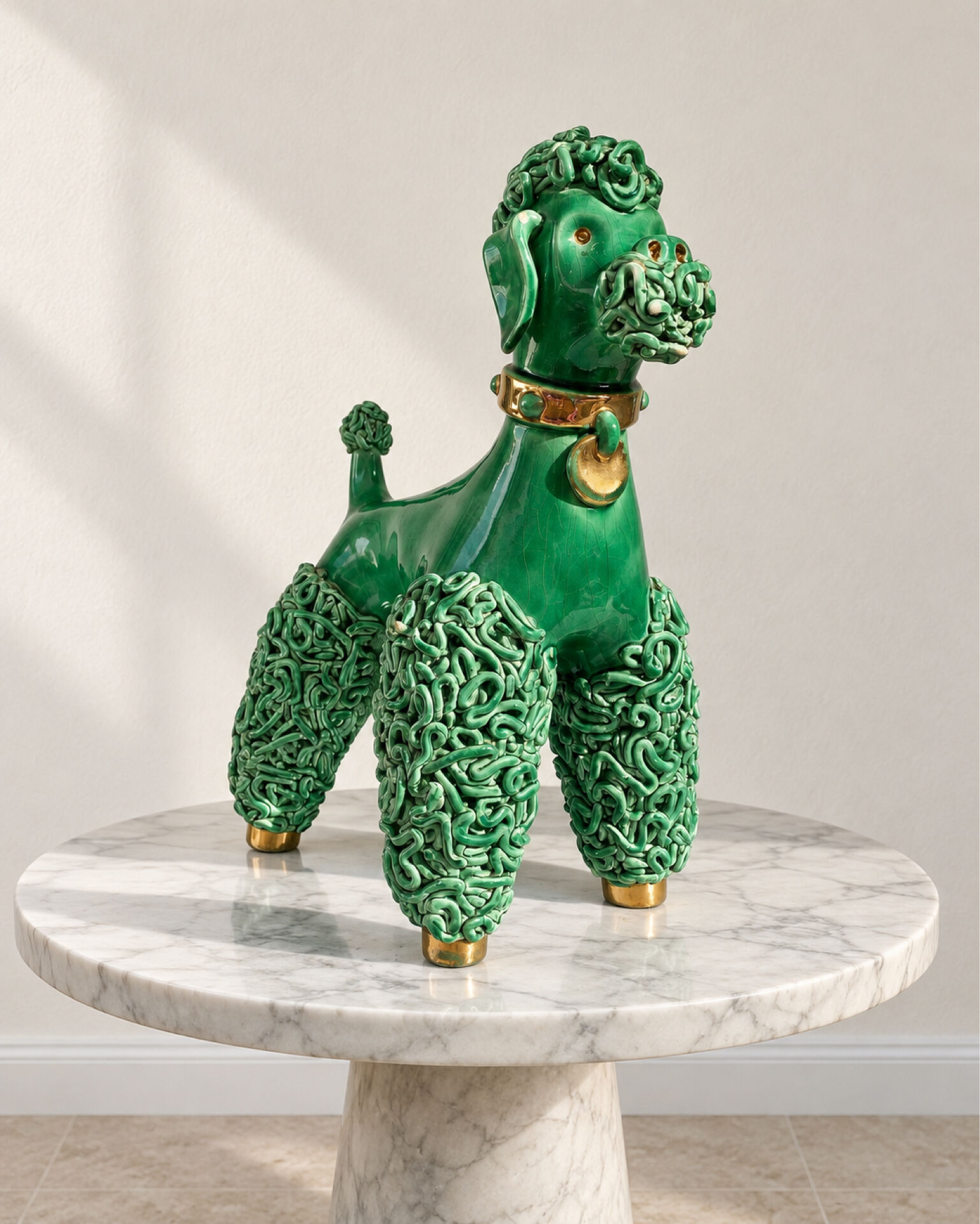 Large green glazed ceramic spaghetti poodle from the 60s.