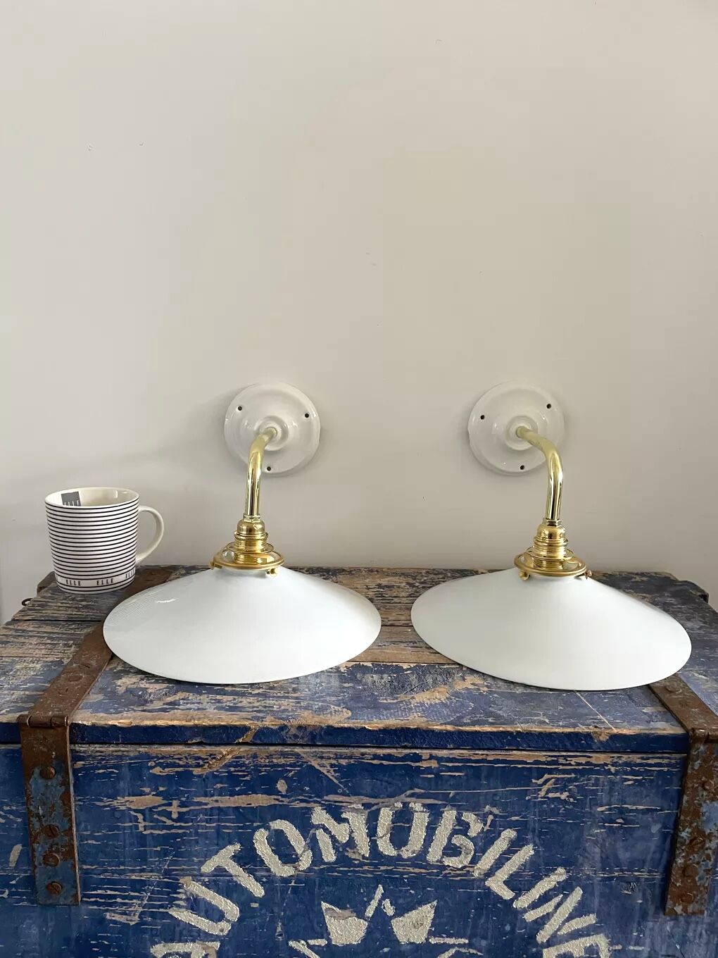 Set of two electrified white opaline wall lamps to nine