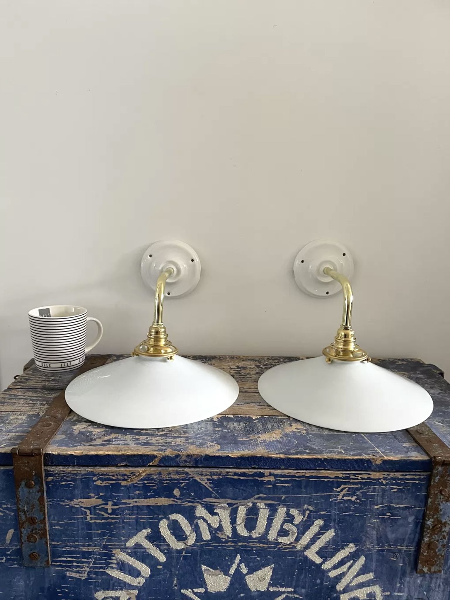 Set of two electrified white opaline wall lamps to nine