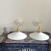 Set of two electrified white opaline wall lamps to nine