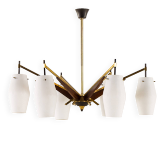 Stilnovo style Italian mid-century chandelier in brass and teak, 1960s