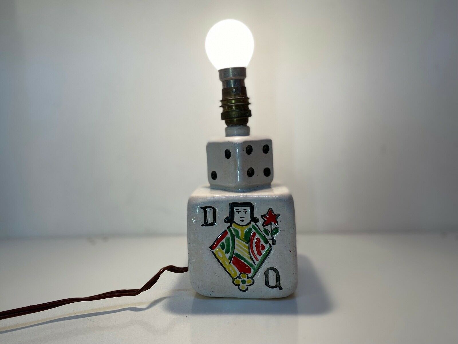 old ceramic desk lamp domino design and vintage card games 1950