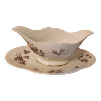 Gravy boat decorated with flowers and butterflies, Limoges porcelain, vintage Haviland