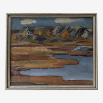 Paysage suédois moderne vintage du milieu du siècle « vaste » peinture à l’huile encadrée
