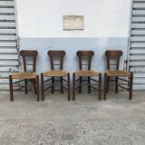Set de 4 chaises brutalistes bois et corde, art populaire