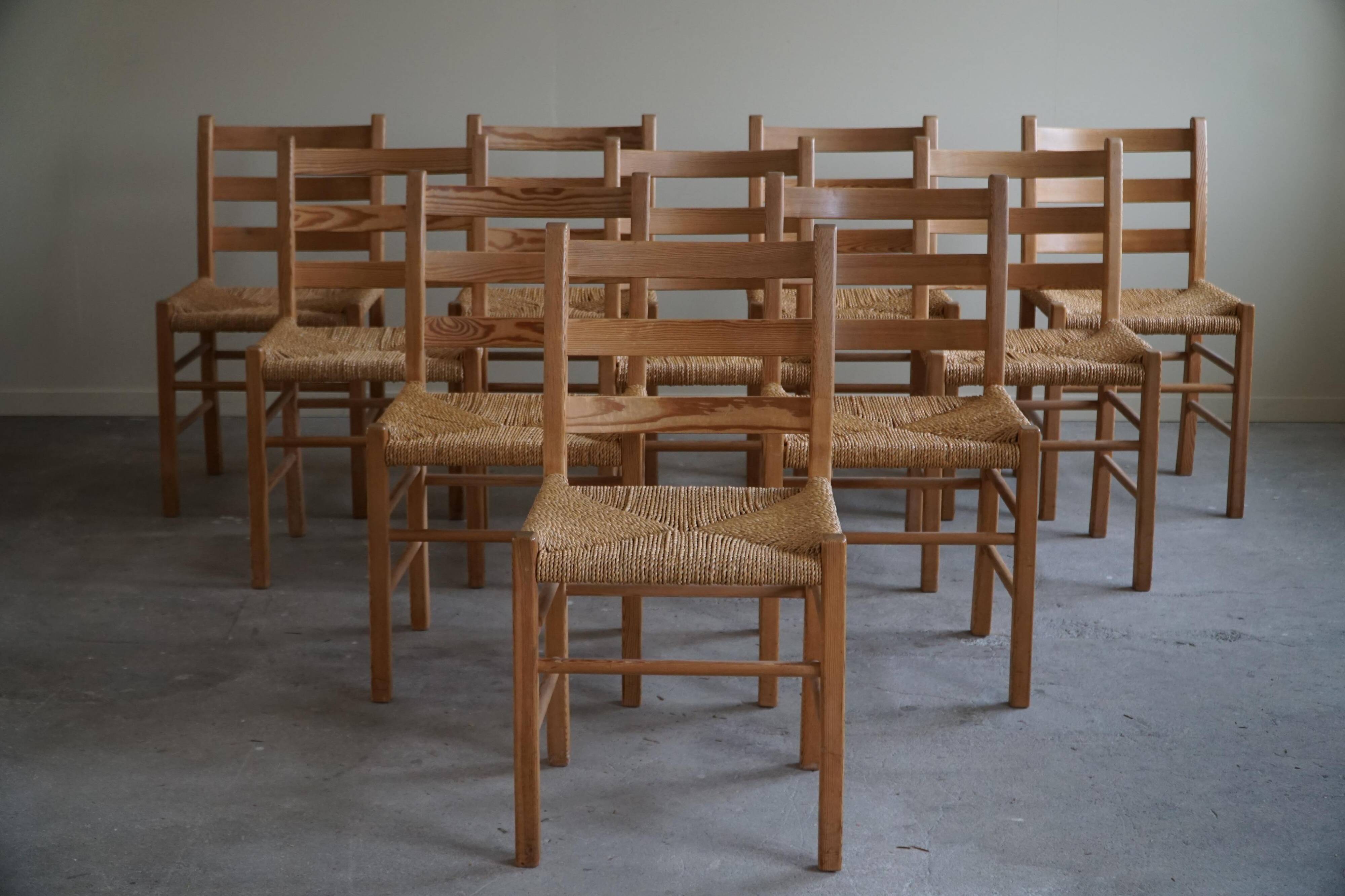 Set of 10 dining chairs in pine with sea grass seats, Danish design from the mid-20th century.