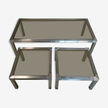 70s designer brushed steel coffee table and nesting tables