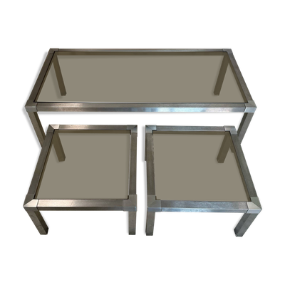 Table basse acier brossé design années 70 et gigognes