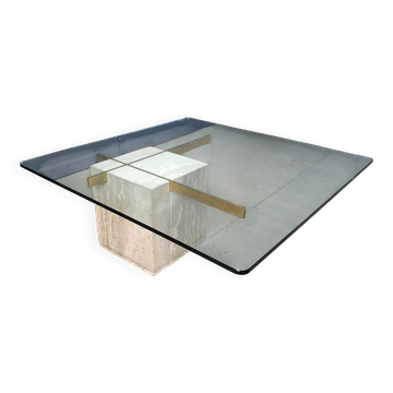 Table basse en travertin et laiton par Artedi, années 1980