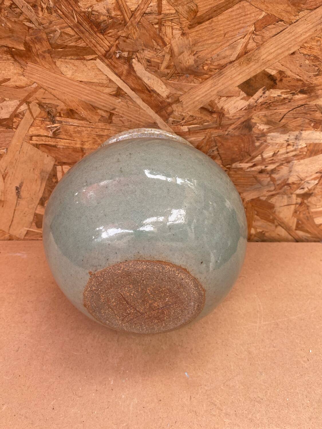 Antique vintage grey beige glazed stoneware ball vase
