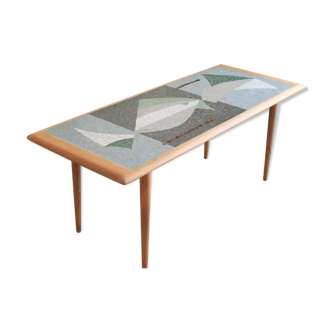 Rare Swiss coffee table in ceramic and beech from the 50s, vintage